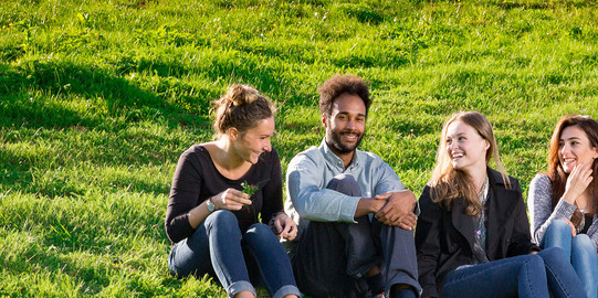 Alumni Fakultäten Alumni sitzen zusammen auf einer Wiese